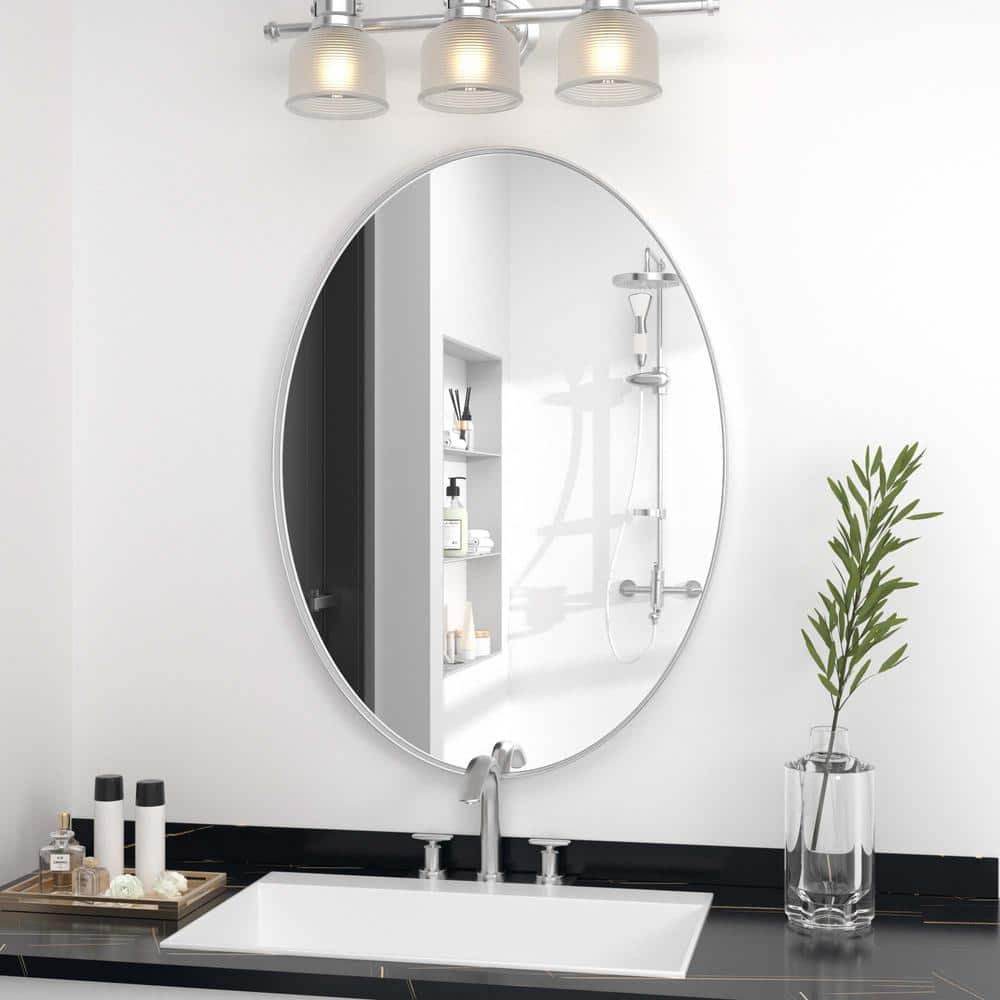 CLAVIE 22 in. W x 30 in. H Medium Oval Iron Framed Wall Mounted Bathroom Vanity Mirror Wall ...