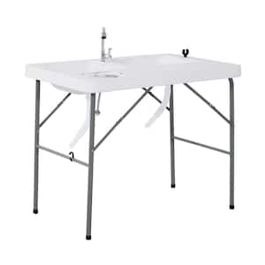 DlandHome Folding Camping tall collapsible table Catering Barbecue Beer Buffet Picnic Tables 121x61x60-74CM Height Adjustable Folding Long Garden Table Sturdy Plastic White