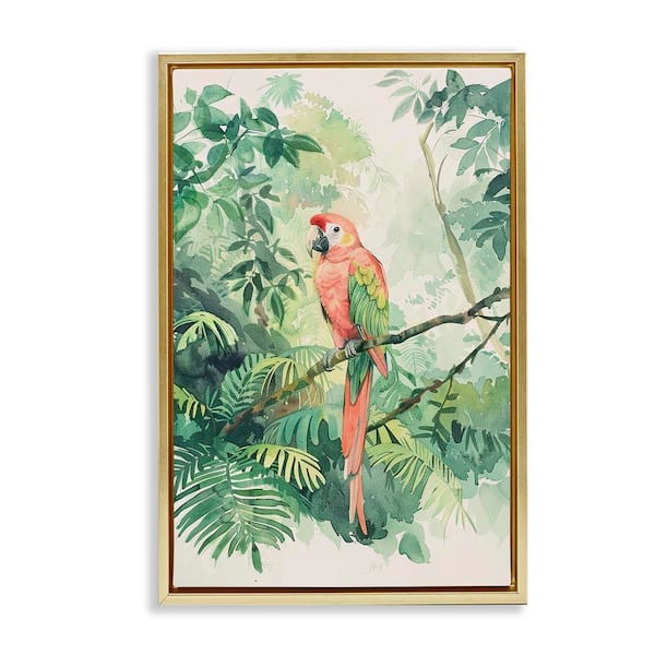 Stupell Industries Pink Parrot in Jungle by LSR Design Studio Gold Floater Frame Animal Graphic Art Print 25 in. x 17 in.