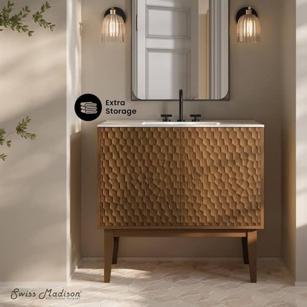 Bosse 36 in. Freestanding Bathroom Vanity in Brown Oak with White Ceramic 3-Hole Widespread Sink Top
