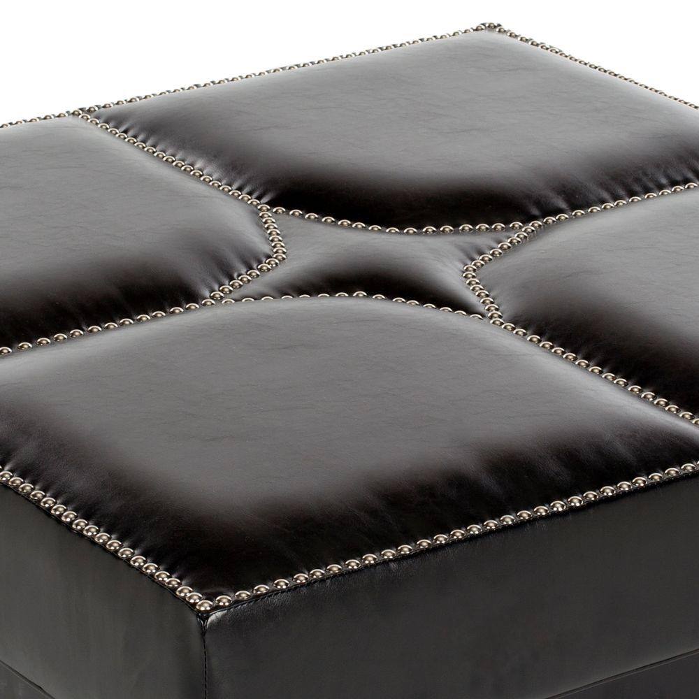 Transitional Terrence 37" Black Leather Cocktail Ottoman with Silver Nailheads