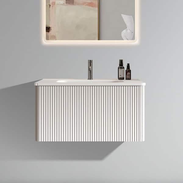 INSTER ENYA 24 in. W Single Sink Floating Bath Vanity in Gray Oak with White Ceramic, Soft-Close Cabinet Door and Pop-Up Drain