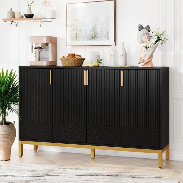 BYBLIGHT Ahlivia Black Particle Board 59 in. Buffet with Hinged Doors, Sideboard Cabinet with Storage Kitchen Home Dining Room