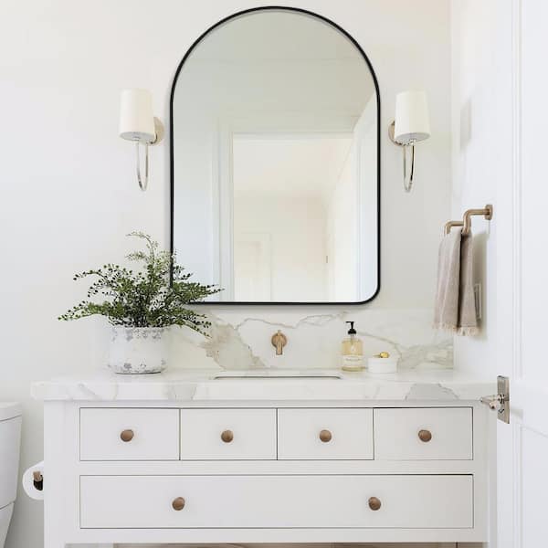 Modern 24 in. W x 36 in. H Arched Aluminum Alloy Framed Wall Mirror in Black