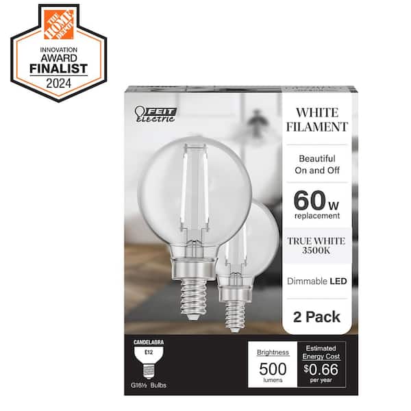 Feit Electric 60-Watt Equivalent G16.5 Globe Dimmable White Filament Clear E12 LED Vintage Edison LIght Bulb, True White 3500K(2-Pack)
