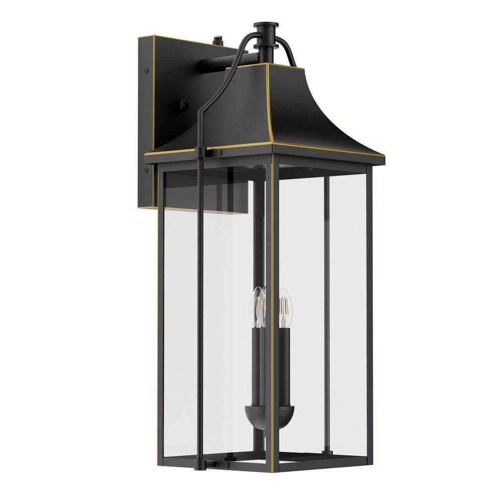 Hawaii 25 in. H 3-Bulb Black with Gold Accents Hardwired Outdoor Wall Lantern Sconce with Dusk to Dawn price history on PriceWatchPro