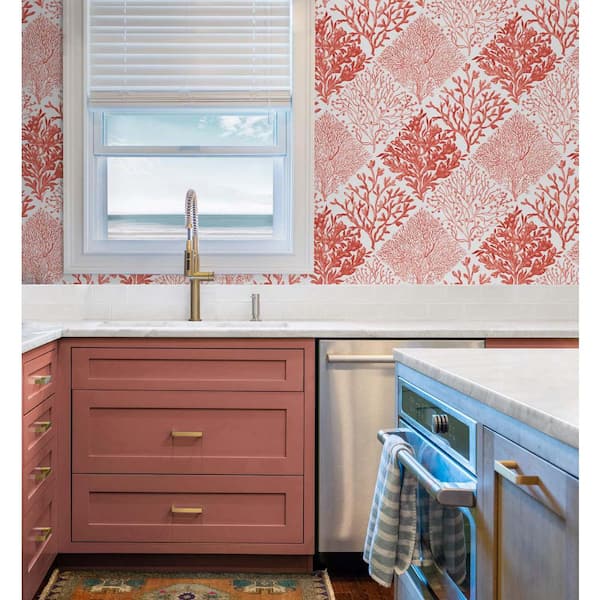 Vermillion Seaweed Vinyl Peel and Stick Wallpaper Roll (Cover 30.75 sq. ft.)