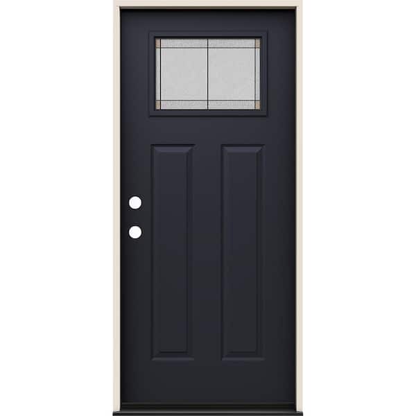 JELD-WEN 36 in. x 80 in. Right-Hand Craftsman Ballantyne Decorative Glass Black Steel Prehung Front Door