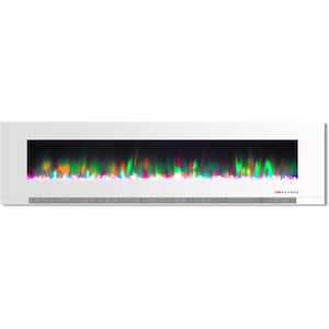 78 in. Wall-Mount Electric Fireplace in White with Multi-Color Flames and Crystal Rock Display