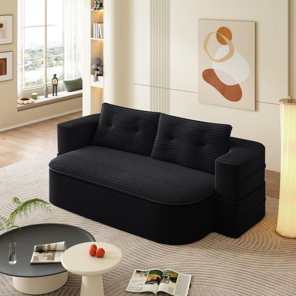 78.7 in. Black Corduroy Sleeper Full Size Sofa Bed with 2-Pillows, Dual-Purpose Sofa Blanket, No Assembly Required