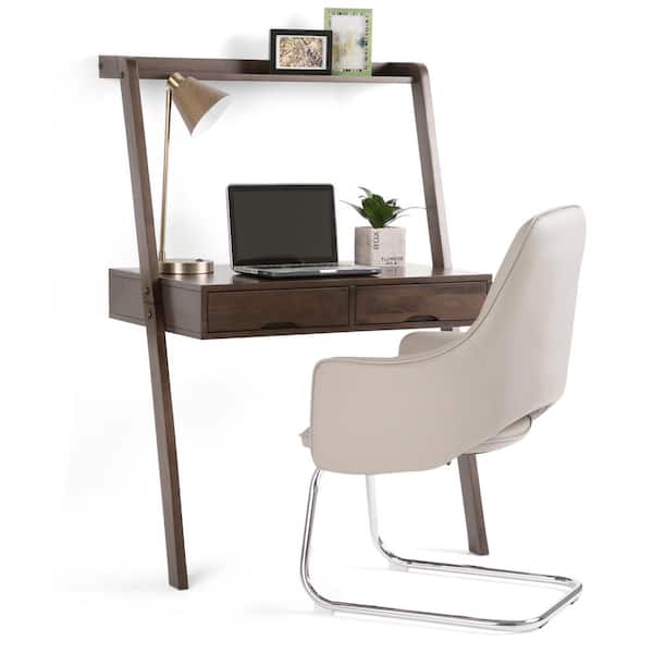 Simpli Home Aleck Solid Wood Contemporary 36 in. W Modern Leaning Desk in Warm Walnut Brown