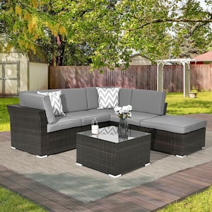 Outdoor Conversation 4-Pieces PE Rattan Wicker Sectional Sofa Sets with Tempered Glass Table and Gray Cushions
