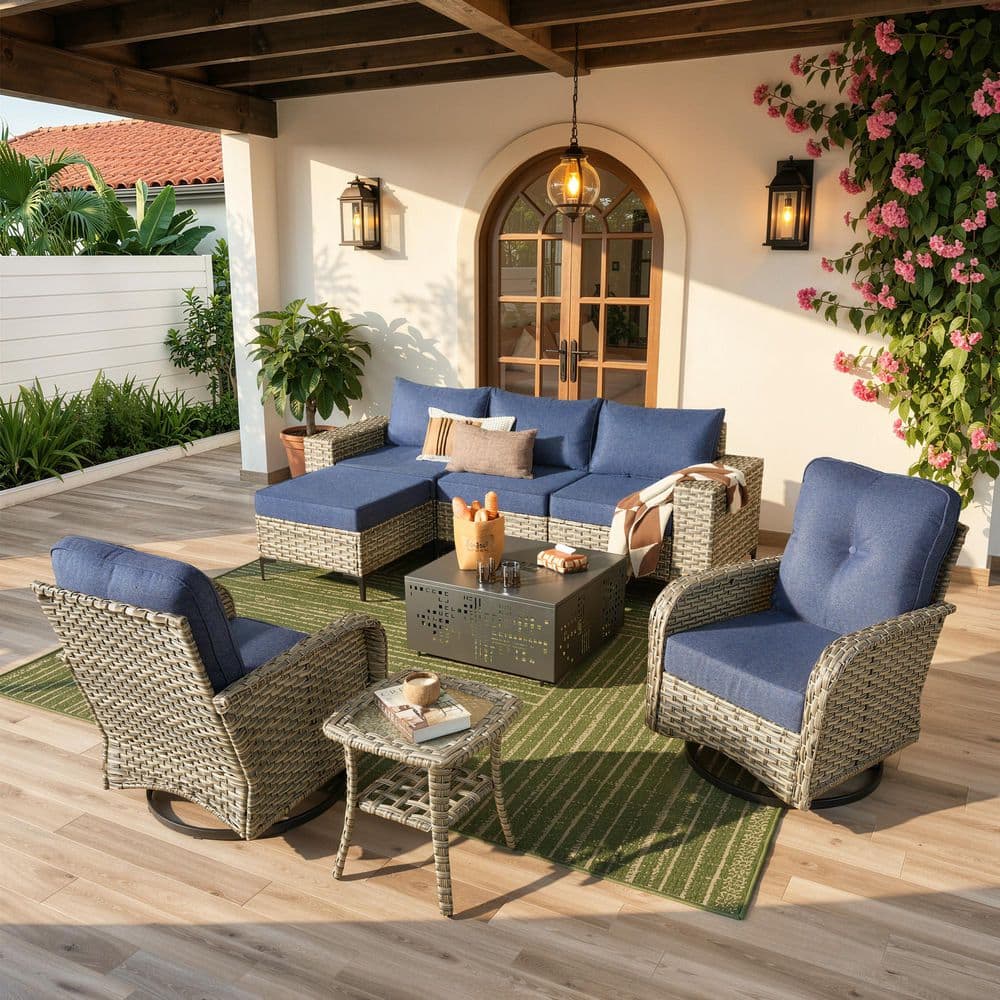 Vero 8-Piece Wicker Outdoor Patio Conversation Sectional Set with Swivel Chairs and Denim Blue Cushions price history on PriceWatchPro
