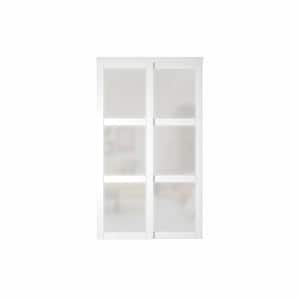 48 in. x 80 in. MDF, White Double Frosted 3-Panel Glass Sliding Door with All Hardware