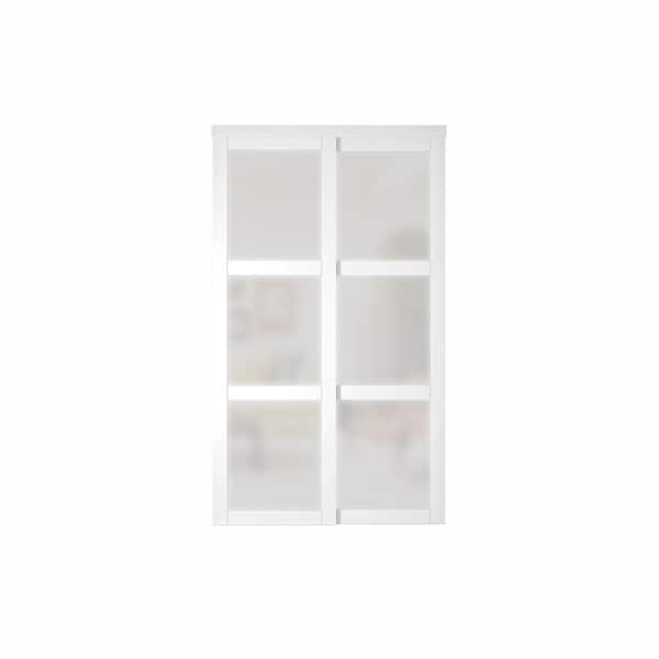 TENONER 48 in. x 80 in. MDF, White Double Frosted 3-Panel Glass Sliding Door with All Hardware