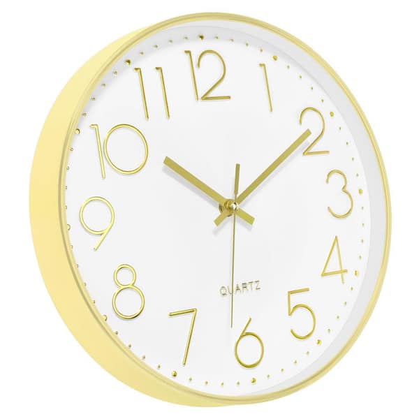 Afoxsos 14 in. Gold and White Analog Plastic Battery Operated Silent Non-Ticking Wall Clock