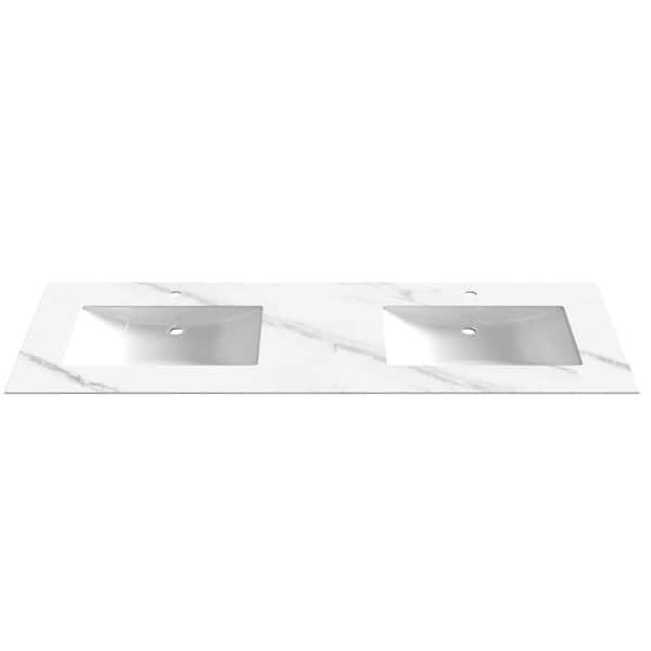 84" Porcelain Vanity Top in Carrara White with White Rectangular Double Sink