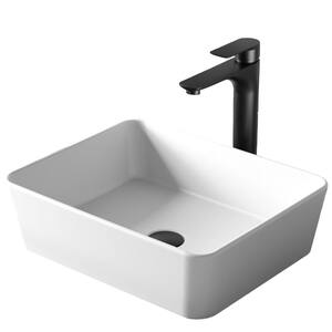 Quattro Matte White Acrylic 18 in. Rectangular Bathroom Vessel Sink with Faucet and drain in Matte Black