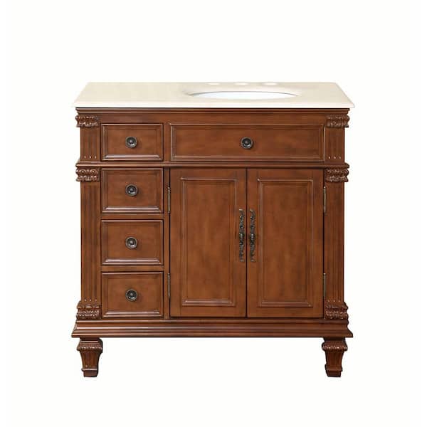 Silkroad Exclusive 36 in. W x 22 in. D Vanity in Vermont Maple with Marble Vanity Top in Crema Marfil with White Basin