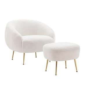 White Velvet Modern Accent Chair, Metal Leg Armchair with Ottoman Set, Indoor Leisure Chair for Living Room and Bedroom