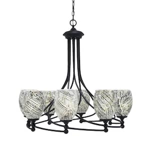 Royale 8 Light Matte Black Chandelier, Round Chandelier with 5 in. Natural Fusion Glass Shades, No Bulbs Included