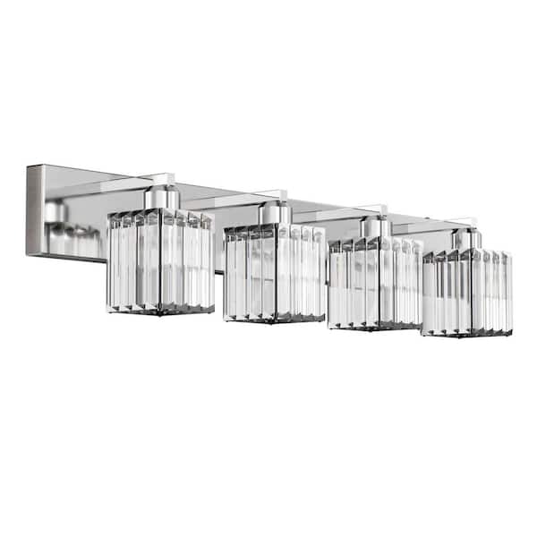 32 in. 4-Light Modern Chrome Crystal Bathroom Integrated LED Vanity Light Fixture with Clear Glass Shades