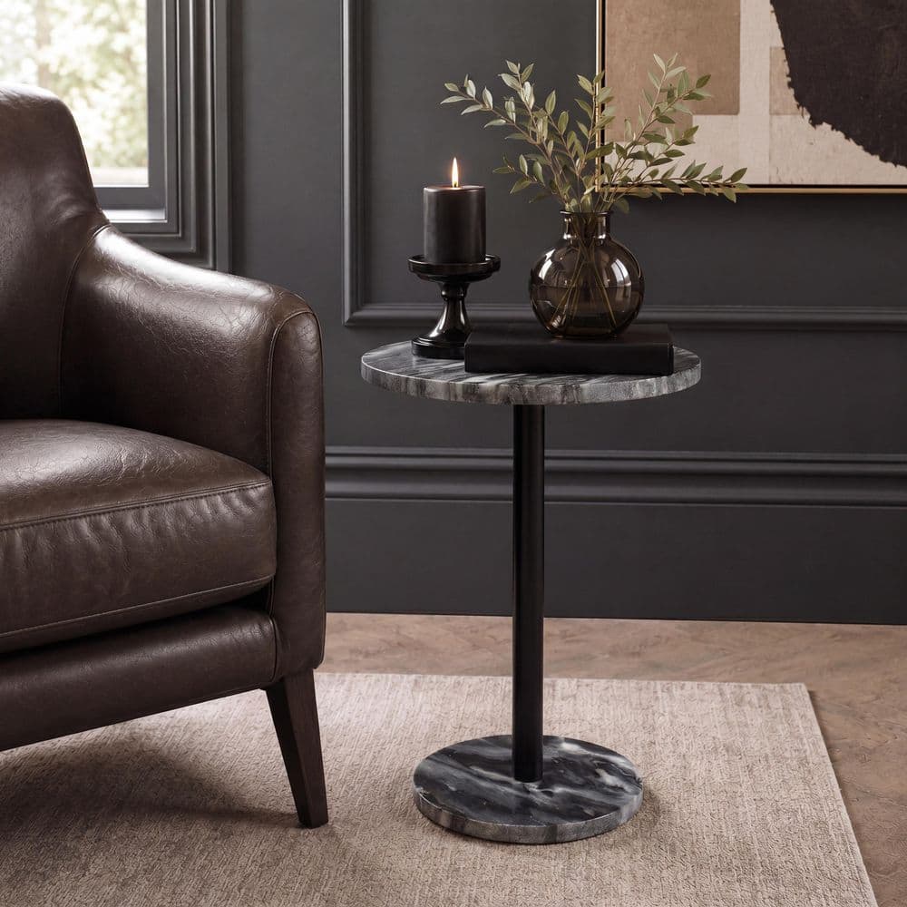Cogsen 10 in. Contemporary Natural Round Marble/Metal Pedestal End Table, Black/Gray