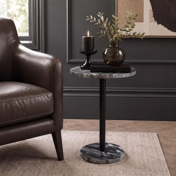 Cogsen 10 in. Contemporary Natural Round Marble/Metal Pedestal End Table, Black/Gray
