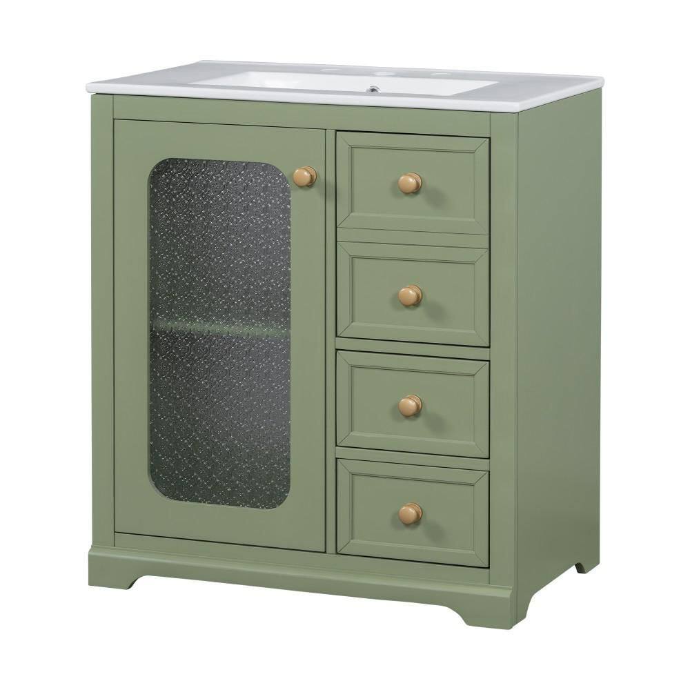 30 in. Single Sink Freestanding Green Bath Vanity with White Ceramic Top and Soft Close Glass Door,Shelves,Three Drawers