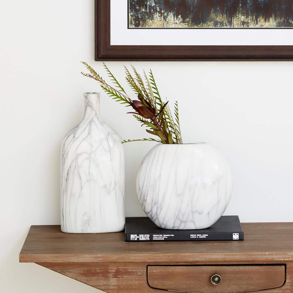 Gray Faux Marble Ceramic Decorative Vase Set with Abstract Design