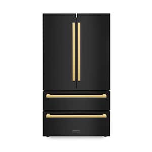 Autograph Edition 36 in. 4-Door French Door Refrigerator with Ice Maker in Black Stainless Steel Polished Gold Handles