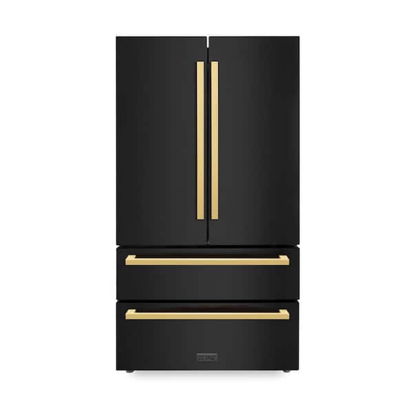 ZLINE Kitchen and Bath Autograph Edition 36 in. 4-Door French Door Refrigerator with Ice Maker in Black Stainless Steel Polished Gold Handles
