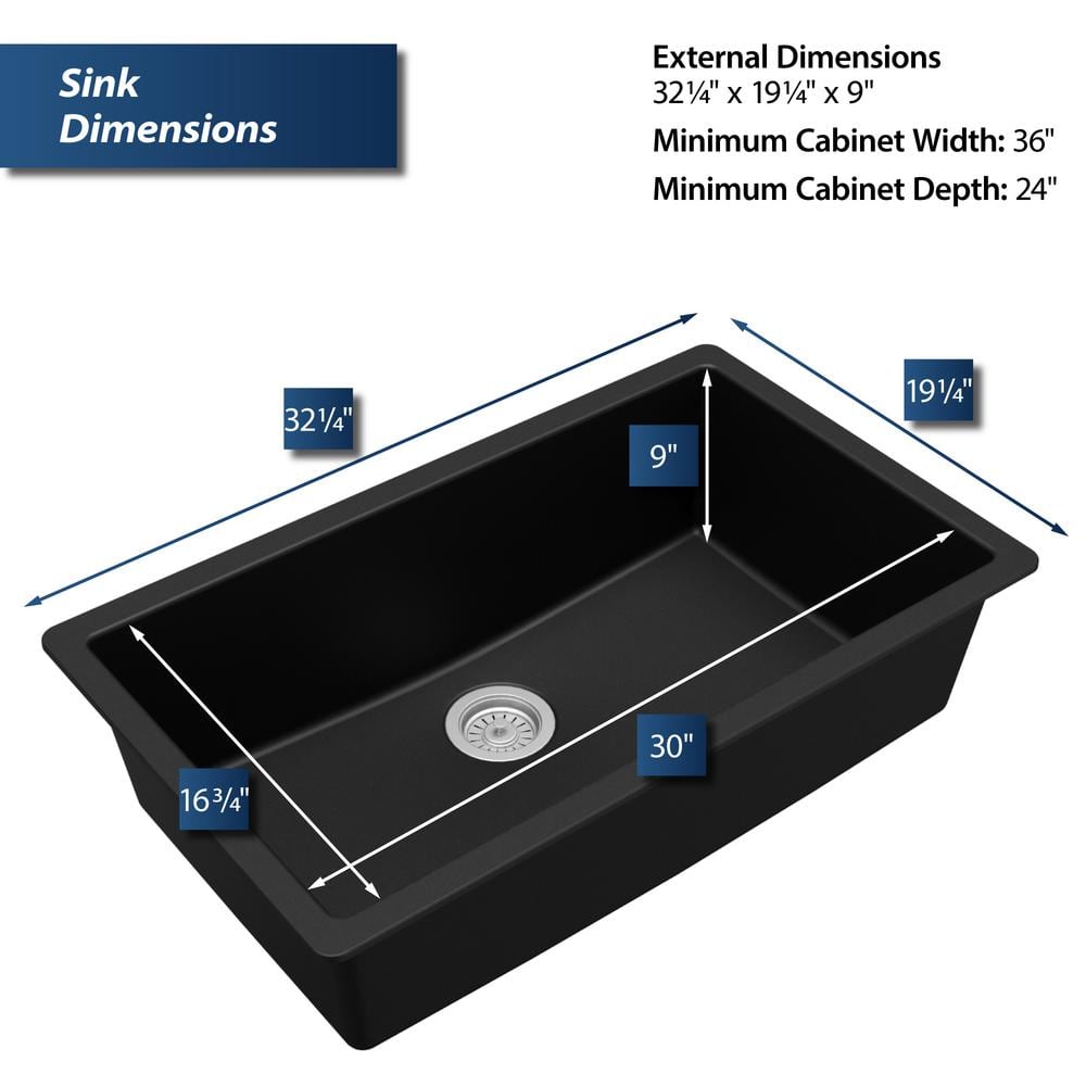 Black Quartz Composite Large Single Bowl Undermount Kitchen Sink