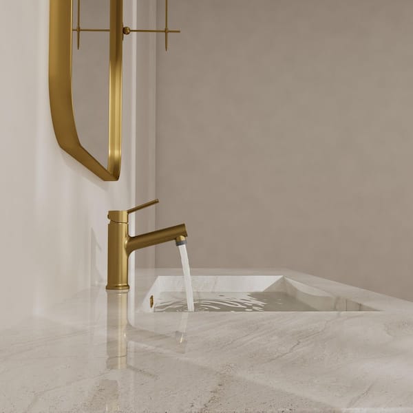 1-Handle Pull Down Single Hole Bathroom Sink Faucet with Pop-Up Drain and 2-Function in Brushed Gold