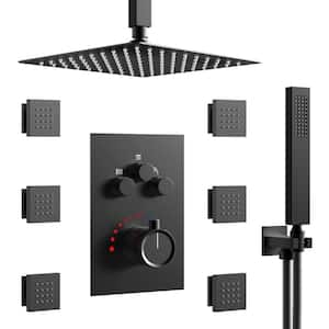 Luxury 7-Spray Patterns Thermostatic 12 in. Ceiling Mount Rainfall Dual Shower Heads with 6-Jet in Matte Black