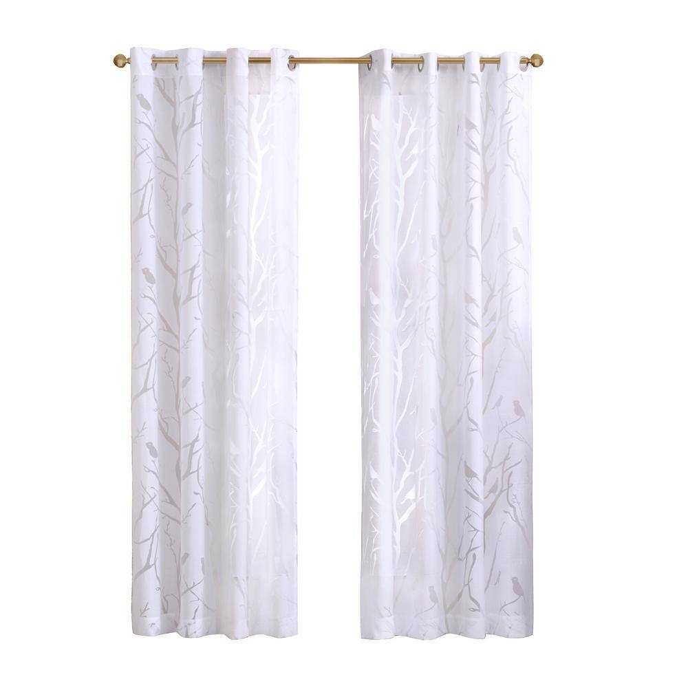 Silver Grommet Top Sheer Bird Print Window Drapes