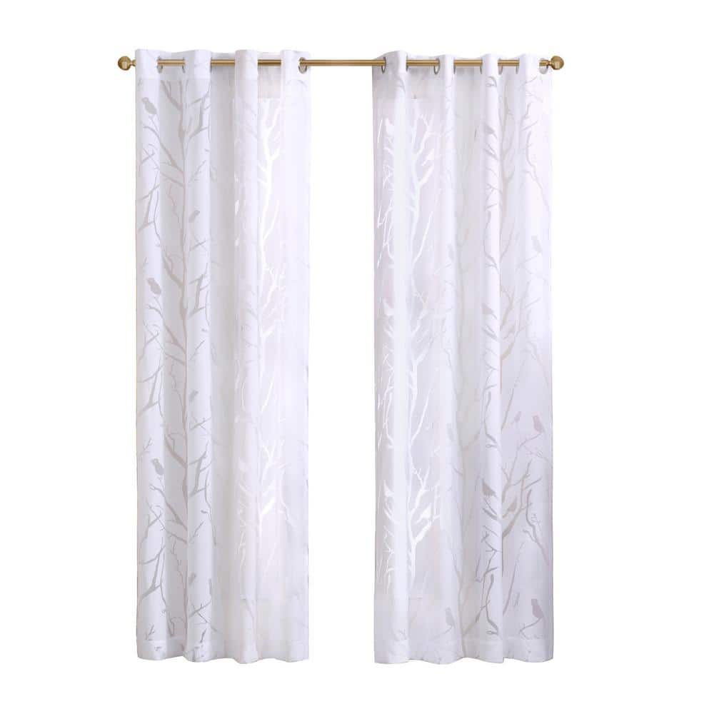White Sheer Polyester Grommet Top Bird Print Window Panel