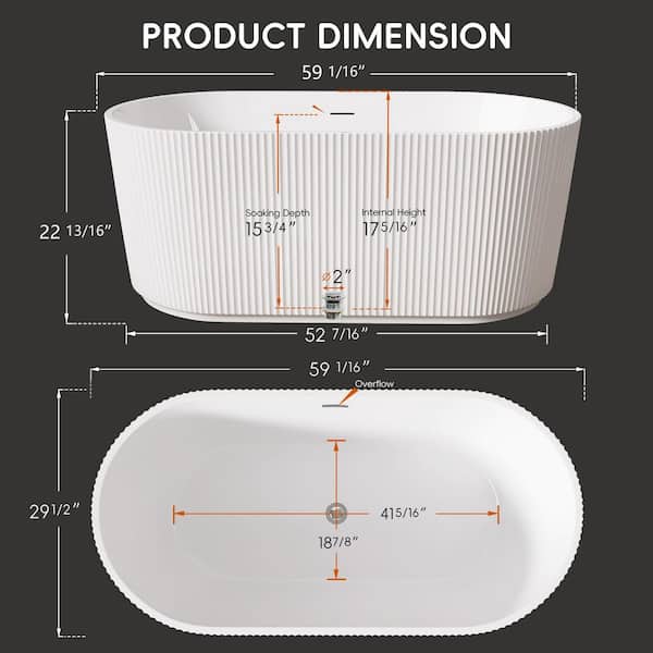59 in. x 30 in. Acrylic Freestanding Soaking Bathtub Oval Stand Alone Free Standing Tub Flatbottom Center Drain in White