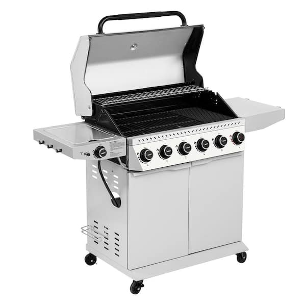 6-Burner BBQ Liquid Propane Gas Grill, with Sear Burner and Side Burner, Stainless Steel and Foldable Side Shelf, White