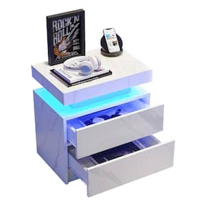 White Stone 2-Drawers 19.3 in. W Nightstand with LED