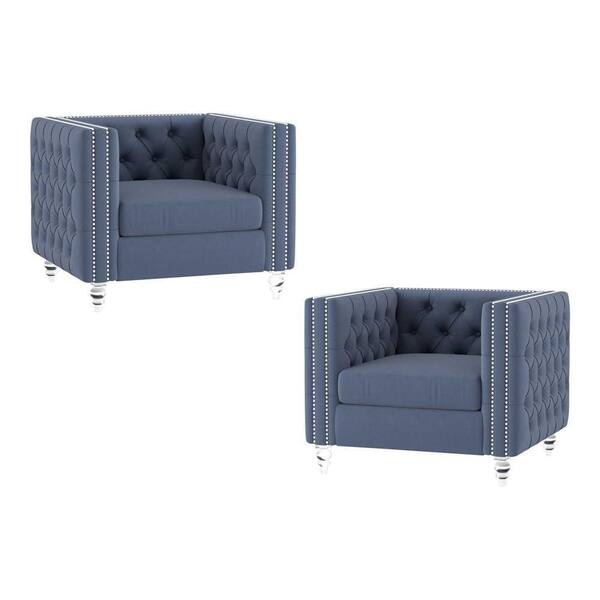 EVERGLADE HOME Milo 41 in. W Tuxedo Arm Velvet Straight Rectangle Chair in Blue (Set of 2)