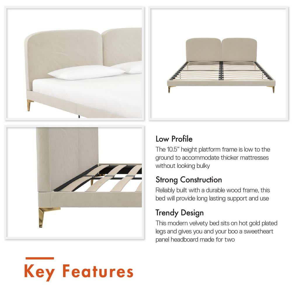 Ivory Velvet Sweetheart King Bed with Gold-Plated Legs