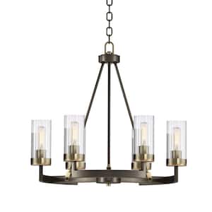 6-Light Bronze and Antique Gold Round Chandelier with Ribbed Glass Shades