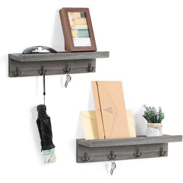 Rustic Floating Coat Rack With Shelf & 10 Double Hooks - Handmade Wood, Light Oak Finish