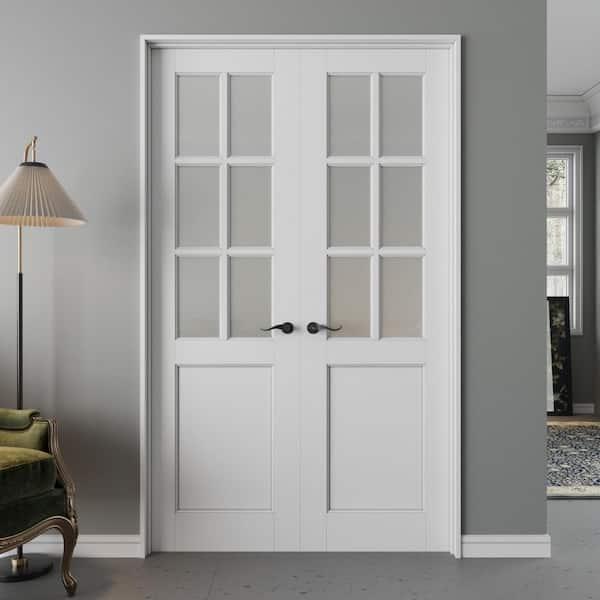 48 in. x 80 in. 6-Lite Frosted Glass Universal White Solid Core Wood Double Prehung French Door, Quick Assemble Jamb