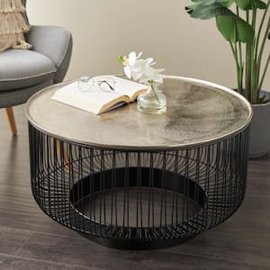 30 in. Black Medium Round Metal Open Frame Wire Geometric Coffee Table with Silver Aluminum Top