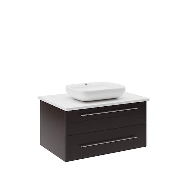 Lucera 30 in. Single Sink Wall Mount Floating Espresso Bath Vanity with White Quartz Top and Vessel Ceramic Sink