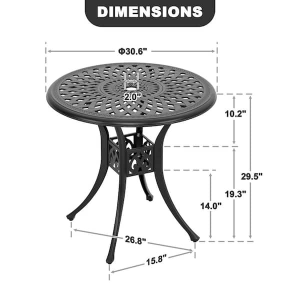 30 in. Black Round Aluminum Outdoor Bistro Round Aluminum Patio Table with Umbrella Hole in Black