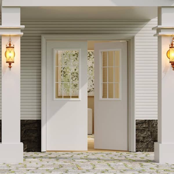 60 in. x 80 in. Universal/Reversible 9 Lite Tempered Clear Glass White Primed Pine Wood Front Door Slab, Can be painted