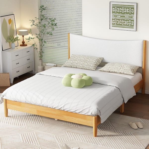 Natural and White Wood Frame Queen Platform Bed with Upholstered Headboard